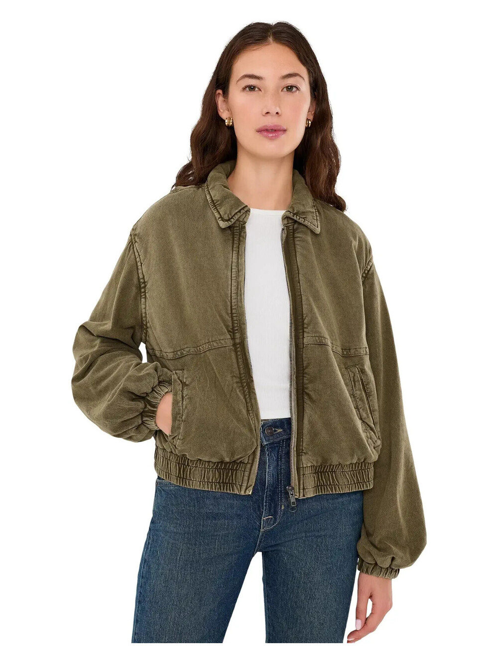 New, Free People Birdie Washed Jacket in Olive Green Sz M #T4140